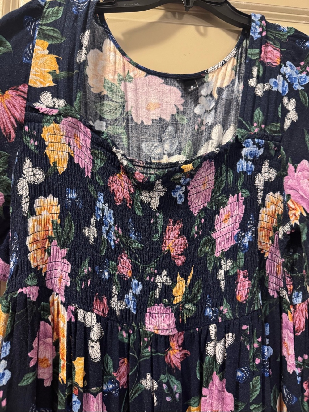 torrid Navy Floral Smocked Midi Dress with Pink, Yellow & Blue Blooms - Picture 3 of 6